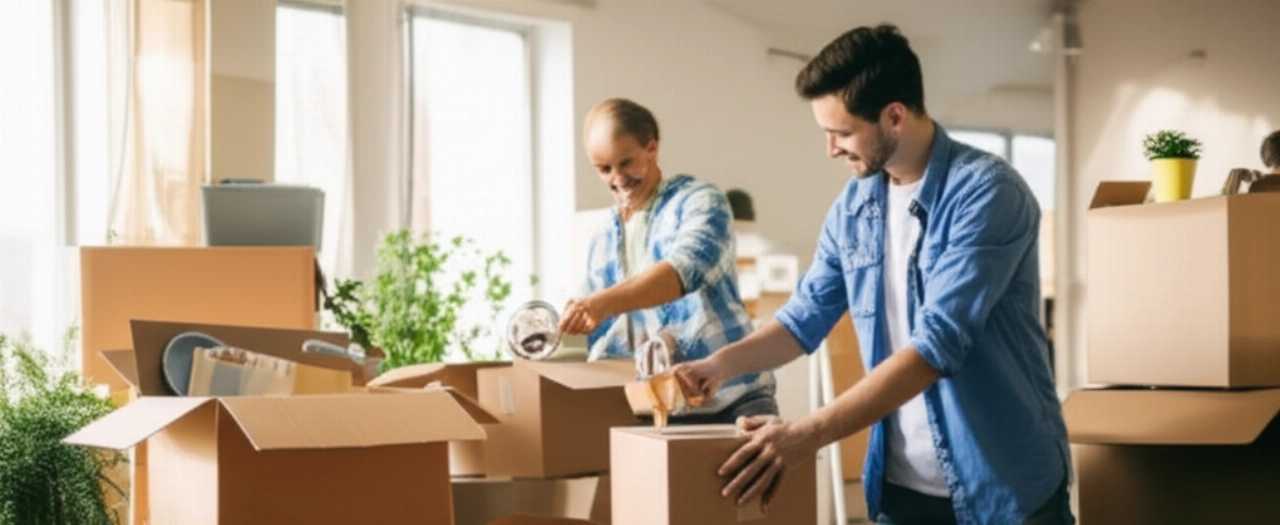 Coppia caucasica felice che organizza efficientemente oggetti in scatole di cartone ben scelte in una nuova casa, mostrando l'efficienza nell'imballaggio.