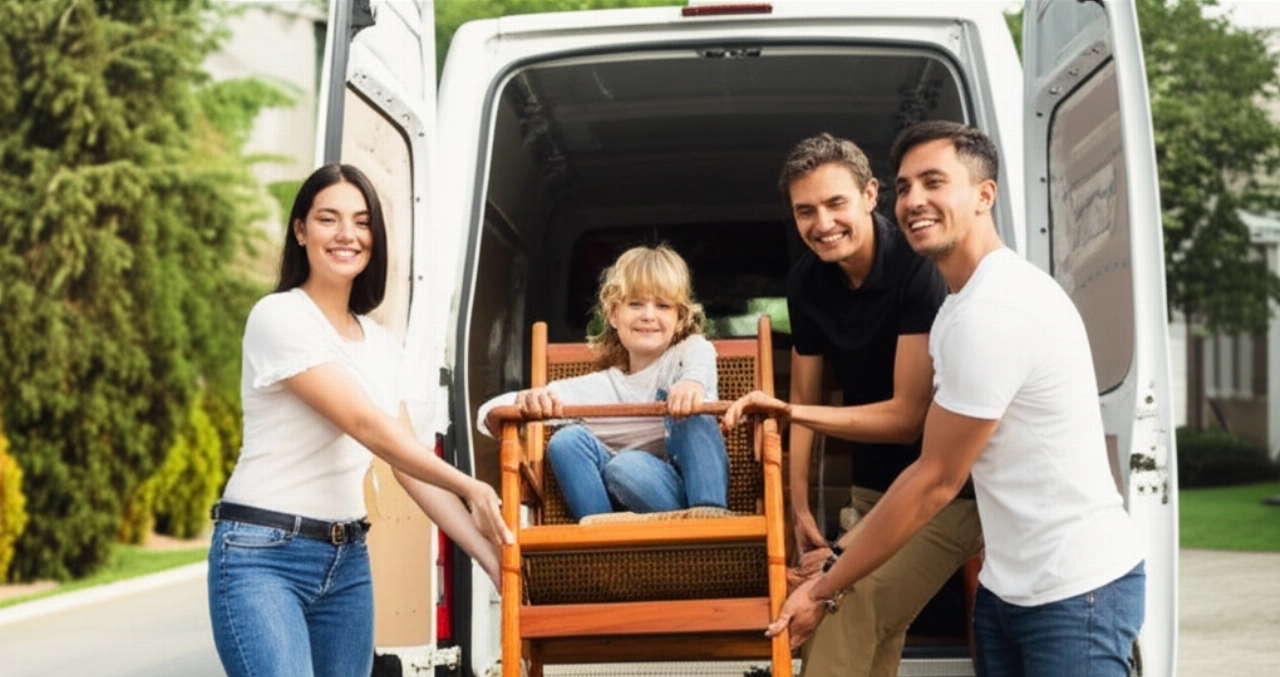 Famiglia caucasica sorridente che carica una poltrona vintage su un furgone di beneficenza, simbolo di donazione e spirito comunitario.