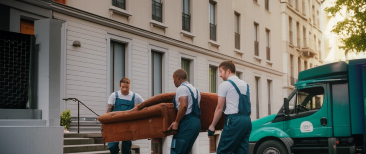 Due traslocatori caucasici professionisti che trasportano un vecchio divano per lo smaltimento, con un camion di riciclo sullo sfondo, simbolo di efficienza e responsabilità ambientale.