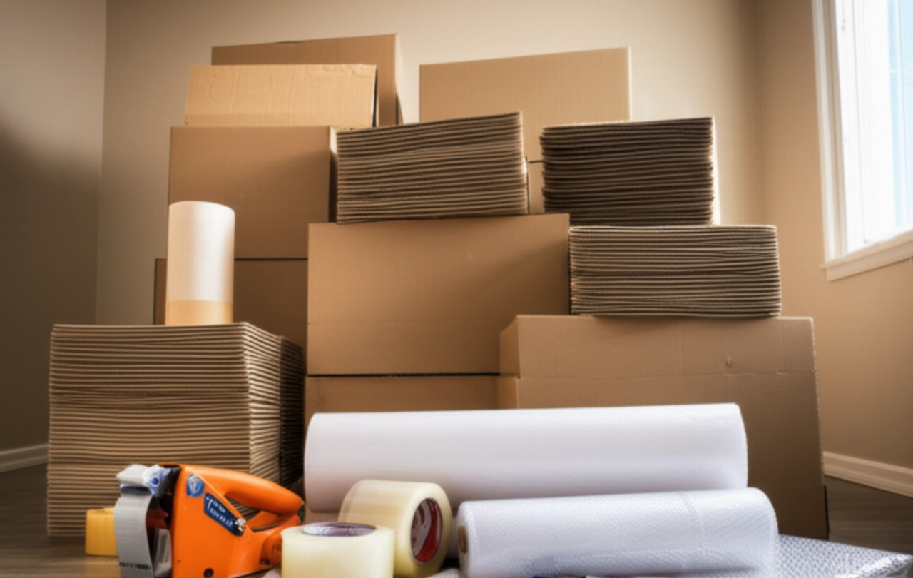 Grande pila di nuove scatole di cartone per trasloco e materiali da imballaggio come nastro adesivo e pluriball, disposte ordinatamente in una stanza vuota e illuminata dal sole.