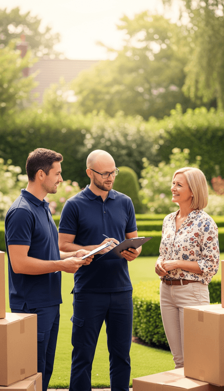Team di traslocatori che pianifica un trasloco con un cliente in un ambiente sereno