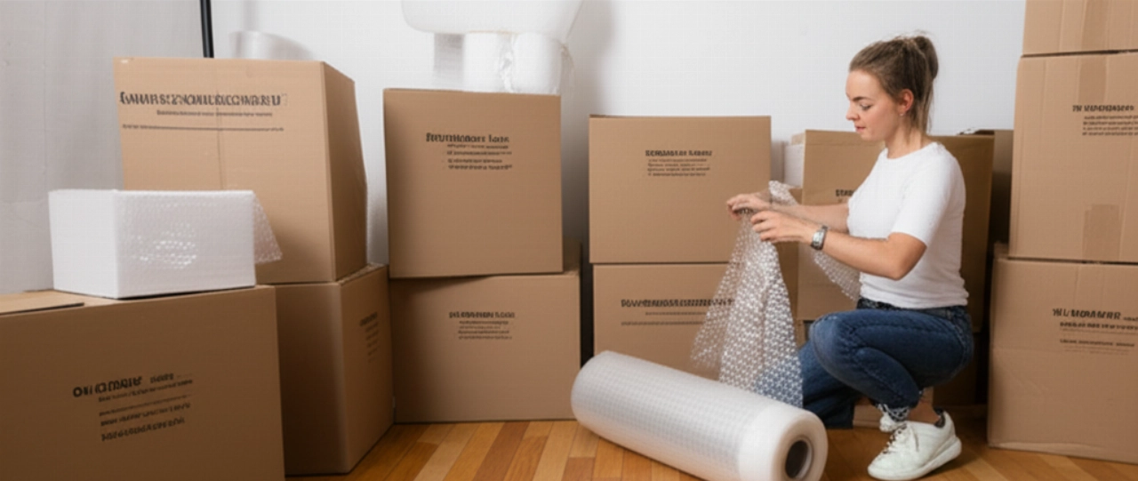 Donna caucasica che impacchetta con cura oggetti in una stanza organizzata, simboleggiando un trasloco efficiente.