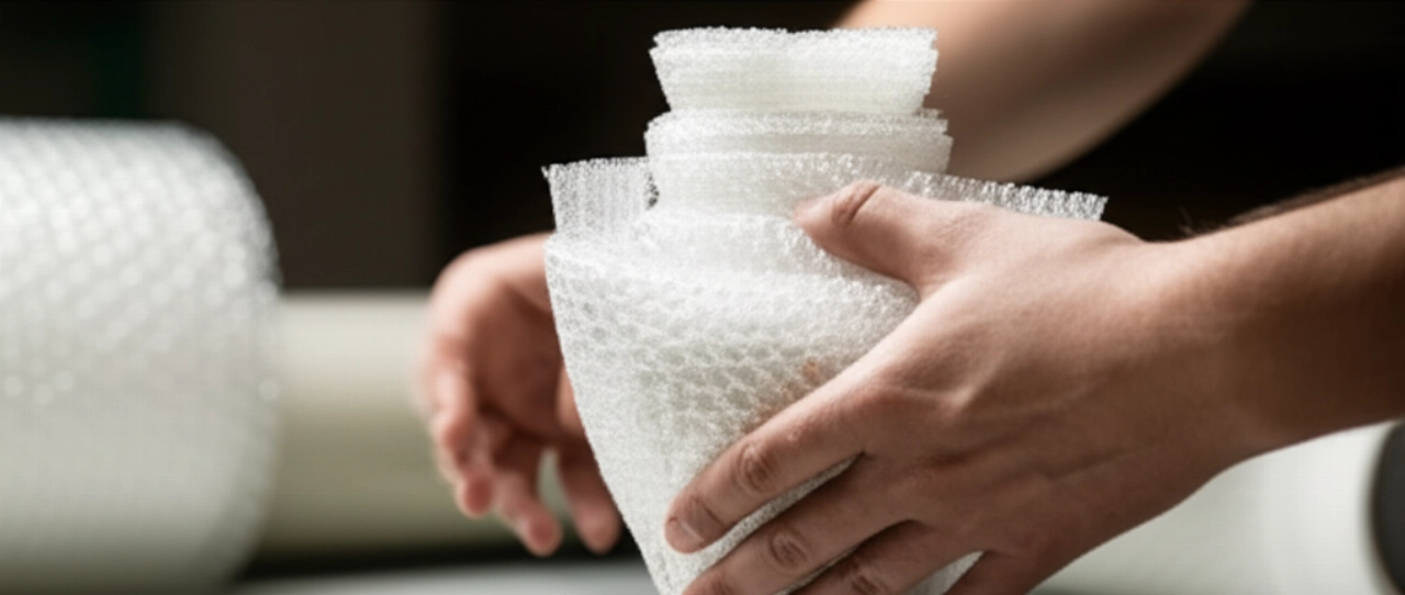 Mani caucasiche professionali avvolgono meticolosamente un vaso antico in pluriball e schiuma protettiva, su un tavolo di imballaggio ben illuminato.