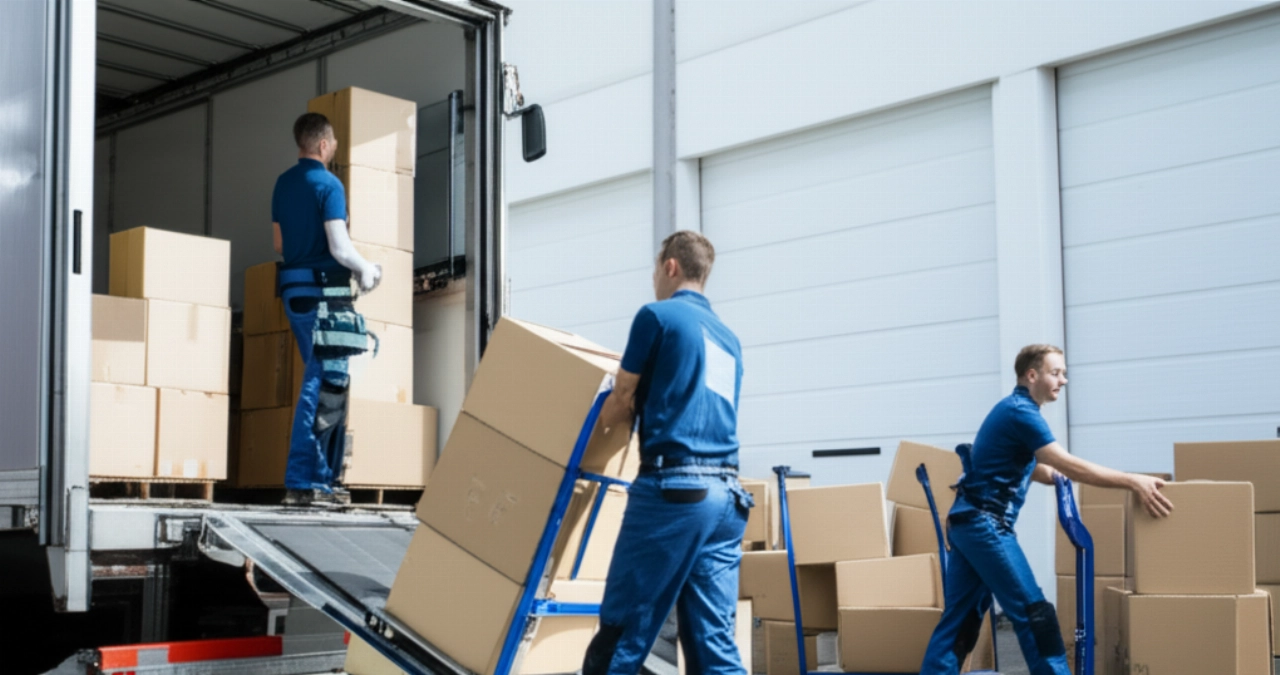 Traslocatori caucasici professionisti caricano efficientemente scatole d'archivio etichettate su un camion specializzato per il trasloco.