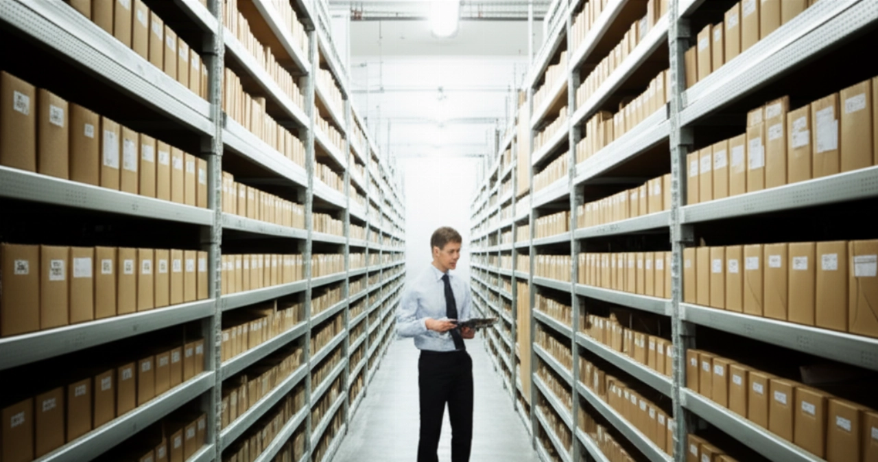 Un moderno archivio con scaffali pieni di scatole di documenti, un archivista caucasico scansiona un'etichetta con un tablet.
