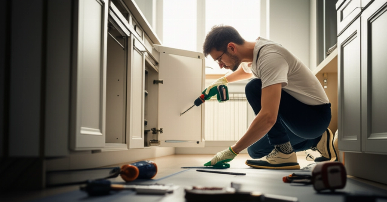 Uomo caucasico professionista che smonta con cura un mobile da cucina moderno, in un ambiente ben illuminato.
