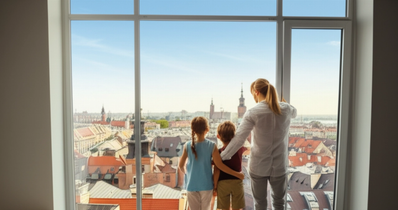 Famiglia caucasica che ammira il panorama urbano polacco dalla finestra del loro nuovo appartamento, simboleggiando un nuovo inizio.