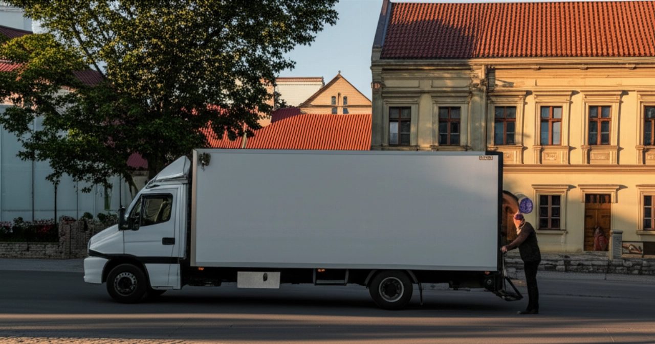 Camion di trasloco parcheggiato in una pittoresca città polacca, con un uomo caucasico che chiude il portellone, indicando la fine del trasporto.