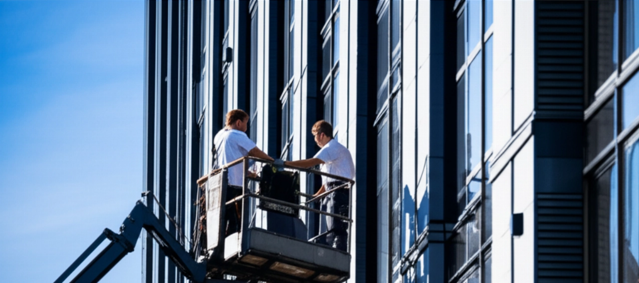 Immagine iperrealistica di traslocatori professionisti caucasici che utilizzano un elevatore esterno per sollevare un divano verso un balcone di un appartamento ai piani alti, mostrando una soluzione efficiente per i traslochi senza ascensore.