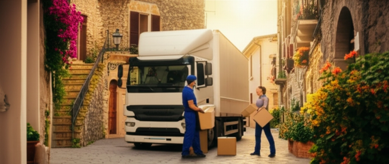 Traslocatori caucasici professionisti scaricano scatole da un camion in un affascinante villaggio italiano sotto il sole.