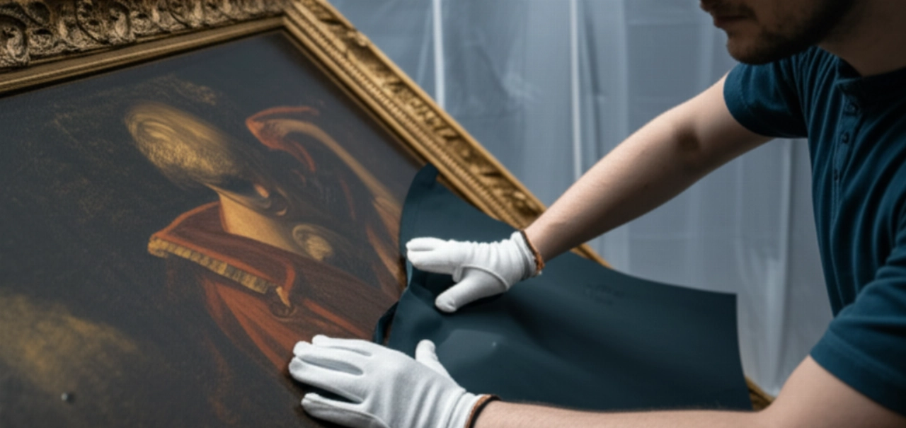 Due esperti trasportatori d'arte caucasici avvolgono con cura un grande dipinto classico in un ambiente museale climatizzato.