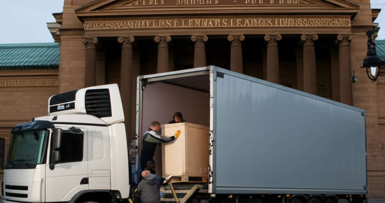 Un moderno camion per il trasporto d'arte parcheggiato davanti a un museo, con professionisti caucasici che caricano con cura una grande cassa.