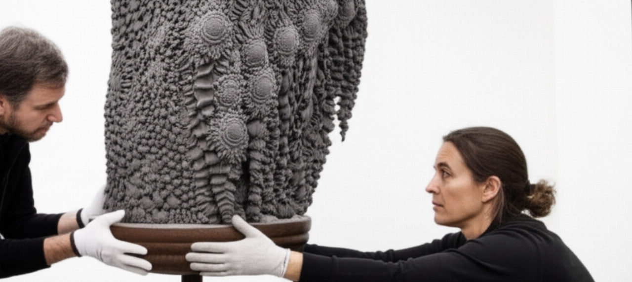 Due specialisti caucasici posizionano meticolosamente una grande scultura contemporanea in una galleria d'arte luminosa.